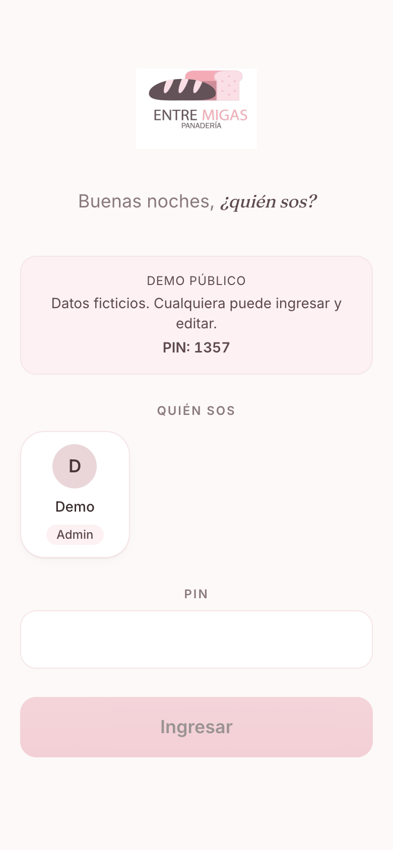 Login screen with PIN entry, demo public mode