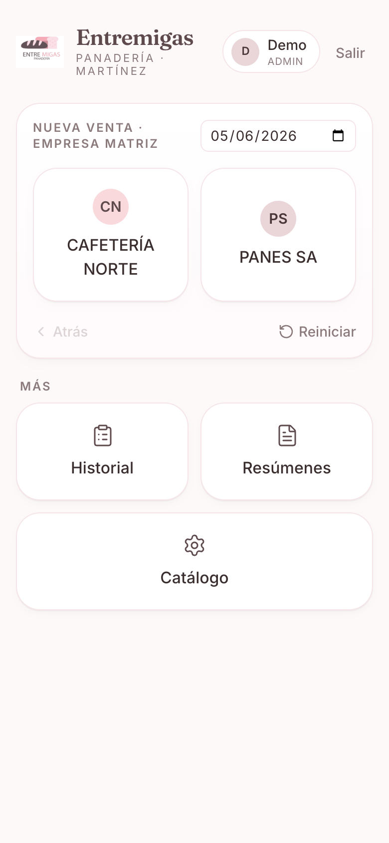 Home screen with sub-company selection for new sale entry