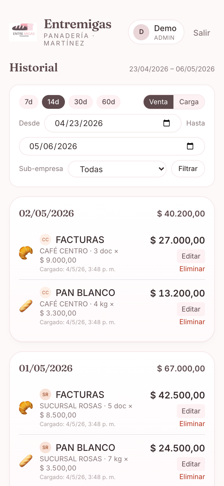 Transaction history grouped by date with sub-company filter