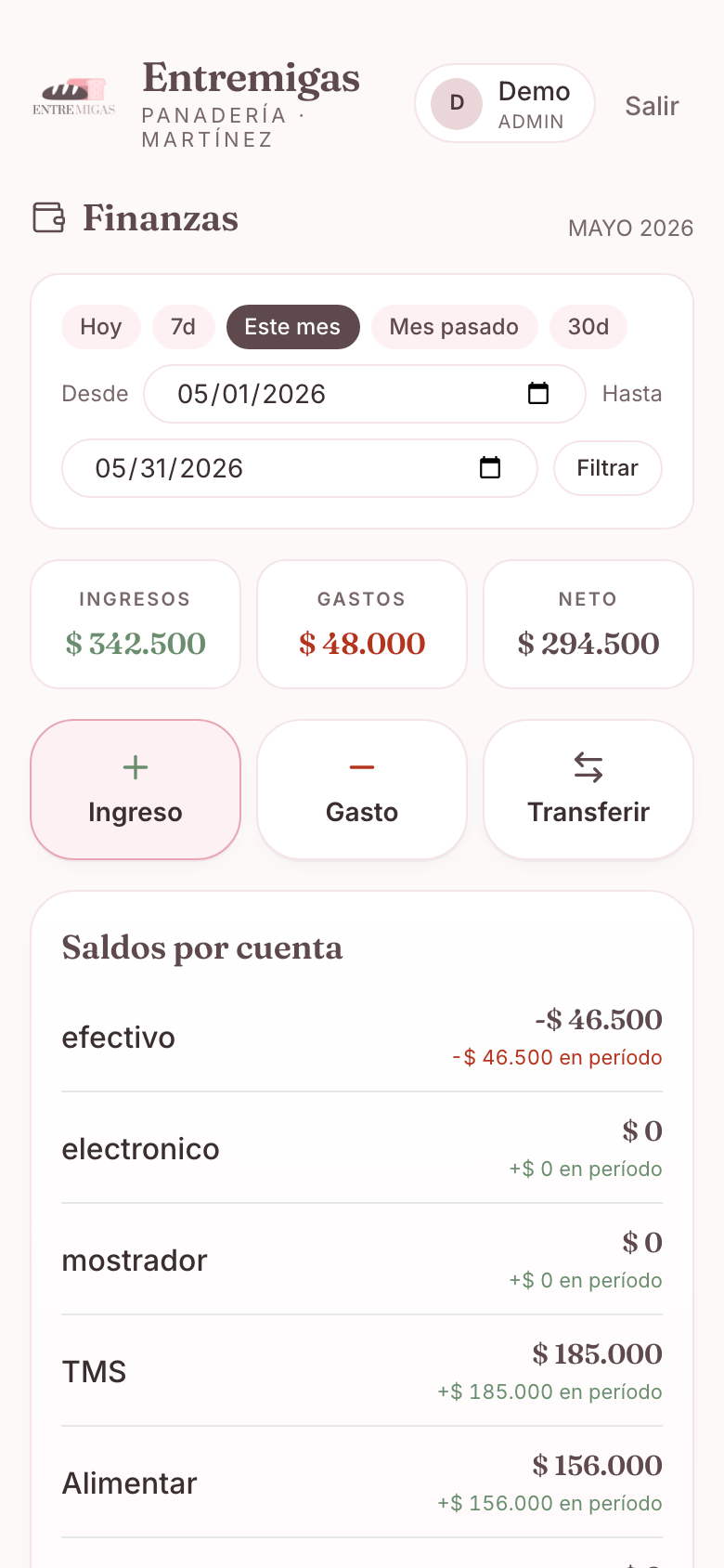 Finanzas dashboard with month range presets, ingresos and gastos totals, neto, and per-account cash balances