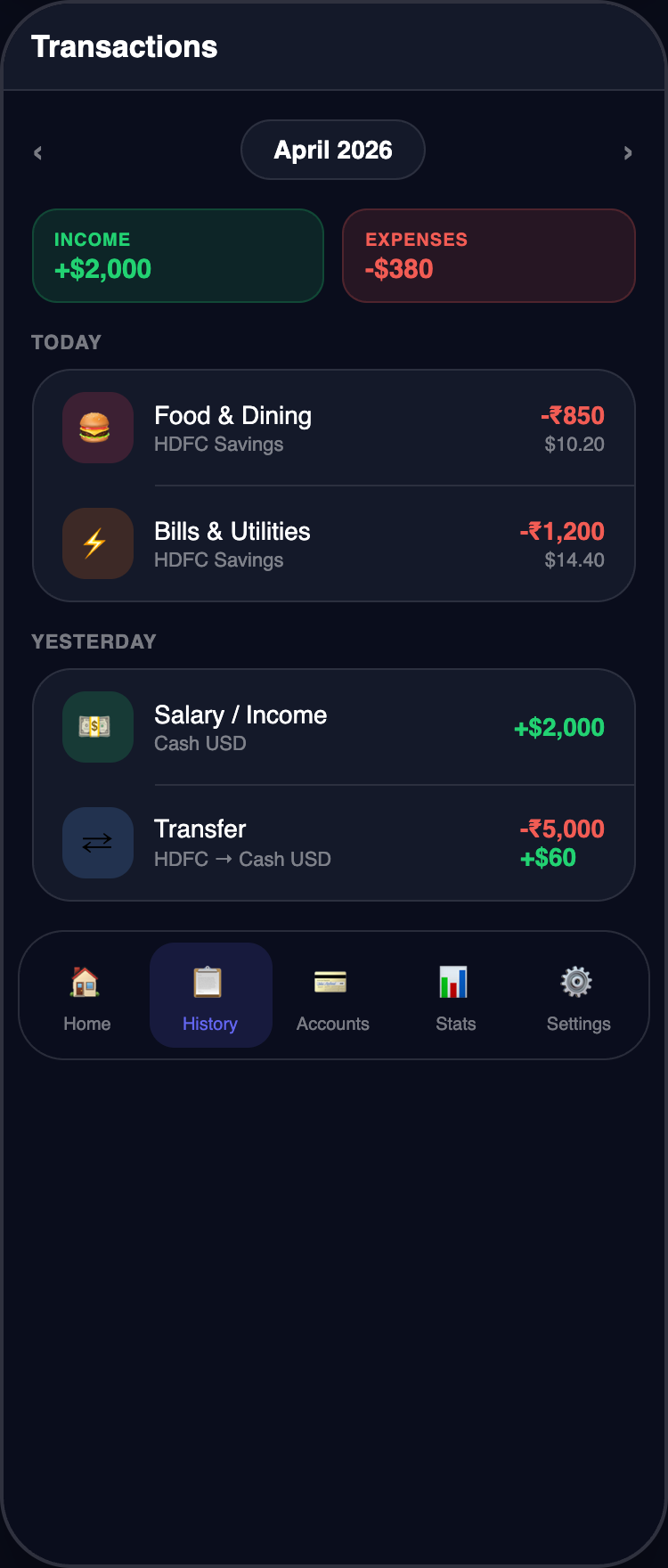 Transactions screen with monthly income and expense summary