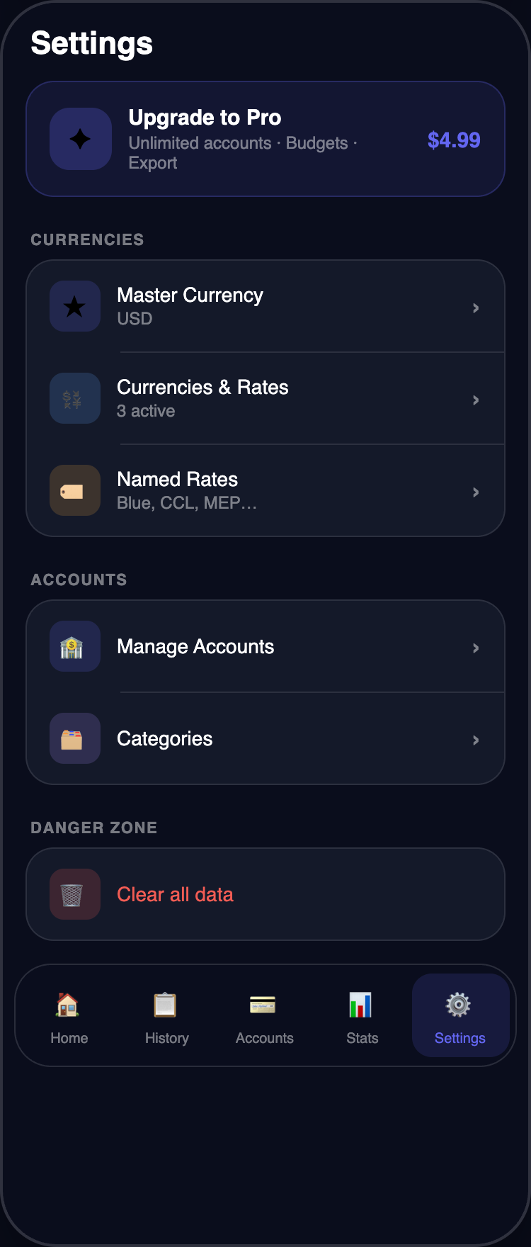 Settings screen with master currency, named rates, and account management